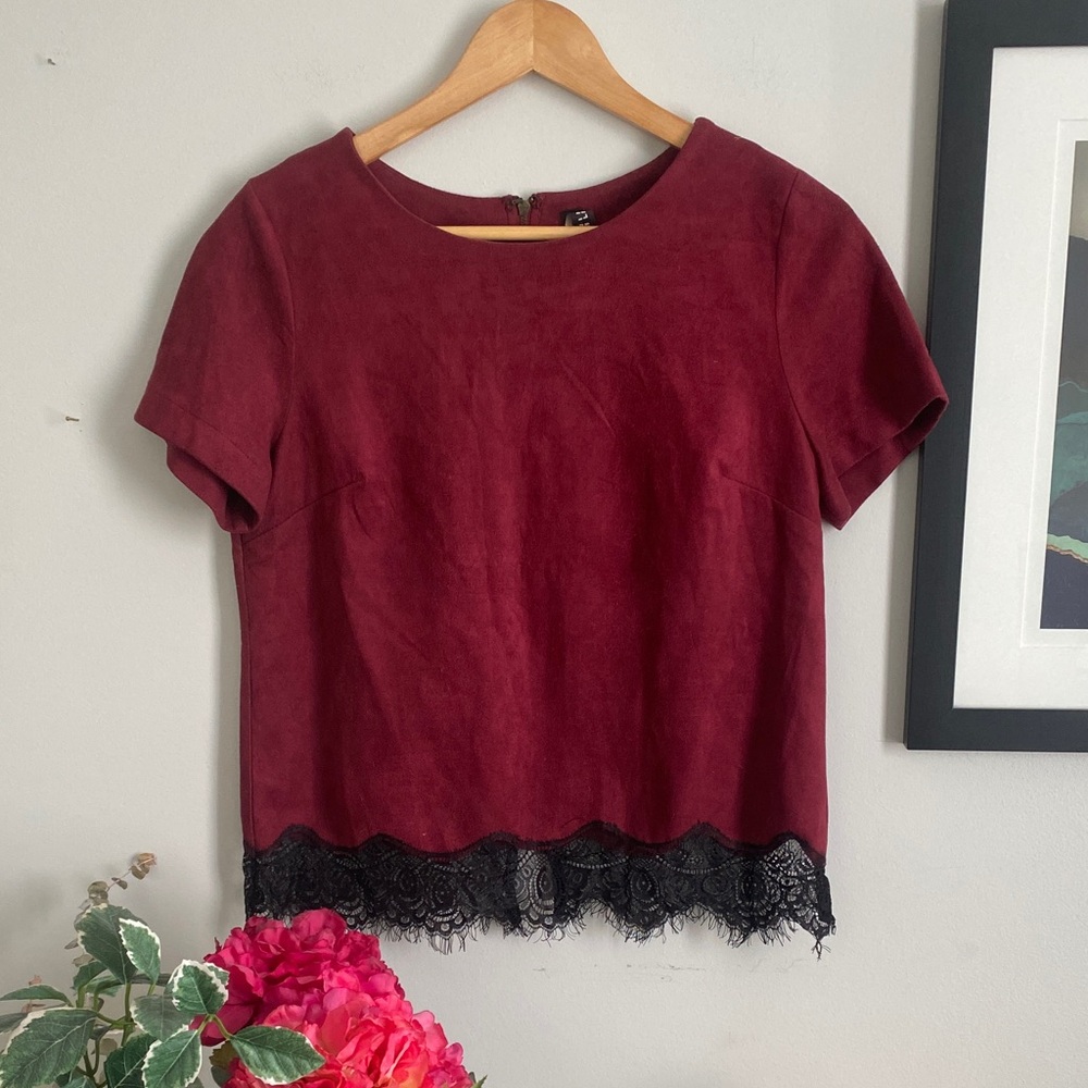 Burgundy Suede-like Top with Black Lace Hem